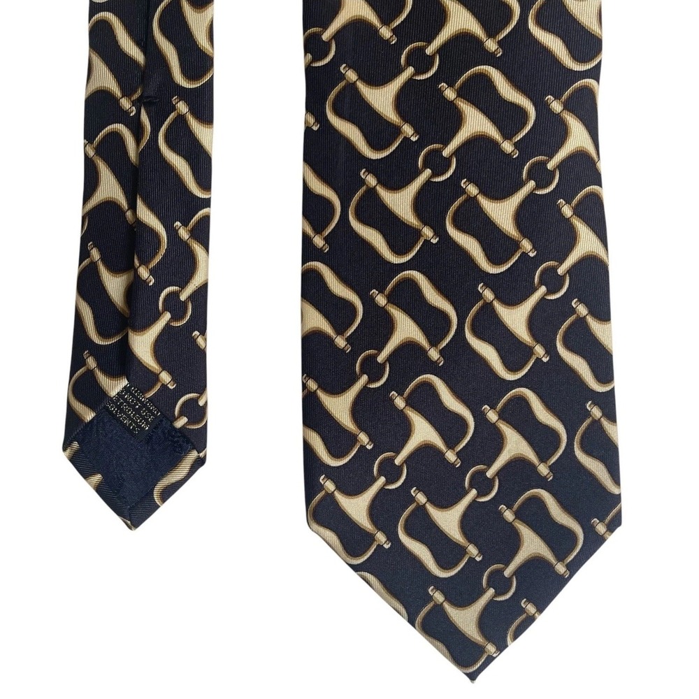 Vintage Gucci Horsebit Silk Tie Mens OS Navy Gold Equestrian Luxury EC